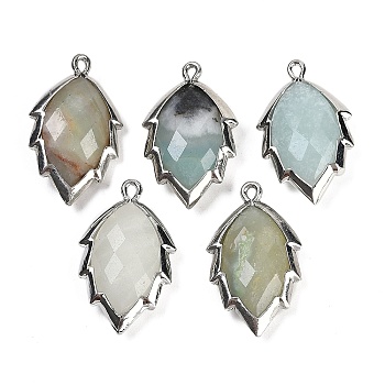 Natural Flower Amazonite Faceted Leaf Pendants, Rack Plating Brass Charms, Platinum, 23x13.5x5.5mm, Hole: 1.2mm