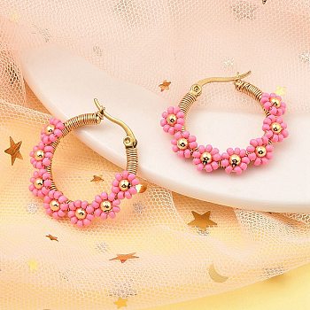 304 Stainless Steel & Bohemian Beaded Flower Hoop Earrings for Women, Golden, Pearl Pink, 29x30x5.5mm, Pin: 0.8mm