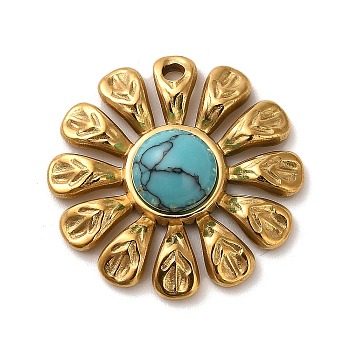 Synthetic Turquoise Flower Pendants, 304 Stainless Steel Sunflower Charms, Golden, 24x24.5x5.5mm, Hole: 1.8mm