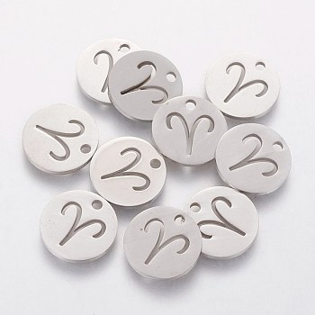 304 Stainless Steel Charms, Flat Round with Constellation/Zodiac Sign, Aries, 12x1mm, Hole: 1.5mm