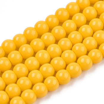 Opaque Solid Color Glass Beads Strands, Round, Gold, 4~4.5mm, Hole: 0.8mm, about 97~99pcs/strand, 14.76 inch~14.96 inch(37.5~38cm)