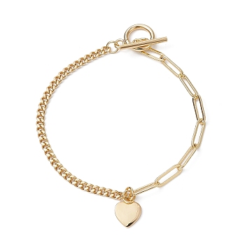 Brass Heart Charm Bracelets, with Paperclip Chains, Real 18K Gold Plated, 7-5/8 inch(19.5cm)