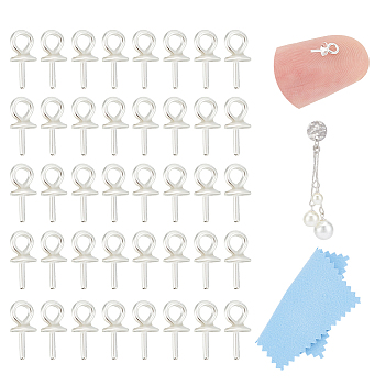 40Pcs 925 Sterling Silver Cup Peg Bails, for Half Drilled Beads, with 1Pc Suede Fabric Square Silver Polishing Cloth, Silver, 6.5x3mm, Hole: 1mm, Pin: 0.7mm