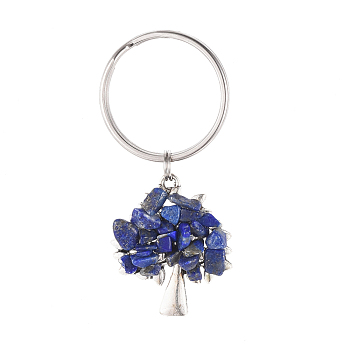 Chip Natural Lapis Lazuli Keychain, with Antique Silver Plated Alloy Pendants and 316 Surgical Stainless Steel Split Key Rings, Tree, 55mm