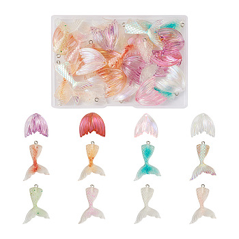 32Pcs 12 Styles Fishtail Shape Transparent Acrylic & Resin Pendants, AB Color & Glitter Powder, with Iron Loops, Mixed Color, 27.5~43x25.5~27.5x4~5mm, Hole: 1.8~2mm