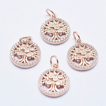 Brass Micro Pave Cubic Zirconia Charms, Long-Lasting Plated, Lead Free & Nickel Free & Cadmium Free, Flat Round with Tree, Real Rose Gold Plated, 14.5x12x2.5mm, Hole: 3mm
