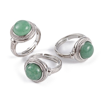Natural Green Aventurine Round Adjustable Rings, Platinum Plated Brass Finger Rings for Women Men, Inner Diameter: 18mm