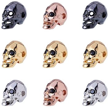 Brass Micro Pave Cubic Zirconia Beads, Lead Free & Cadmium Free, Skull, Mixed Color, 13x8x9.5mm, Hole: 2mm, 3pcs/color, 12pcs/box