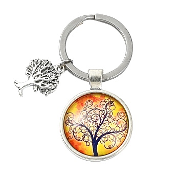 Alloy Glass Keychains, with 304 Stainless Steel Keychain Clasps, Flat Round, Gold, 6.2cm