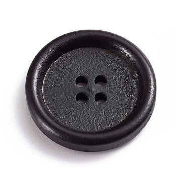 Natural Wooden Buttons, Dyed, 4 Hole, Flat Round, Coconut Brown, 25x4.5mm, Hole: 1.8mm