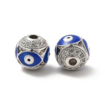 Brass Micro Pave Cubic Zirconia Beads, Round with Enamel Evil Eye, Platinum, Royal Blue, 10x9.5mm, Hole: 1.6mm