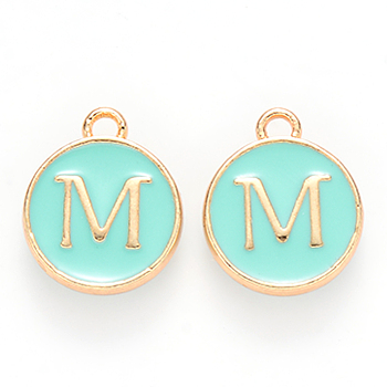 Golden Plated Alloy Enamel Charms, Cadmium Free & Lead Free, Enamelled Sequins, Flat Round with Letter, Turquoise, Letter.M, 14x12x2mm, Hole: 1.5mm