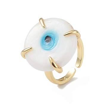 Lampwork Evil Eye Open Cuff Ring, Golden Brass Lucky Jewelry for Women, Lead Free & Cadmium Free, Cyan, Inner Diameter: 16mm