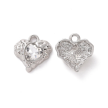 Rack Plating Alloy Glass Pendants, Cadmium Free & Lead Free & Nickle Free, Platinum Tone Heart Charms, Clear, 18x17x5.5mm, Hole: 2.5mm