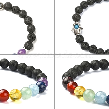 Bijoux de chakra bracelets extensibles de perles de pierre de lave naturelle(X-BJEW-JB02272)-4