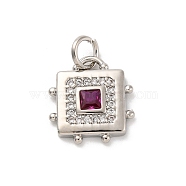 Brass Micro Pave Cubic Zirconia Pendants, Lead Free & Cadmium Free, Platinum, Square, Medium Violet Red, 13x12x2.5mm, Hole: 3mm(KK-U033-02P-02)