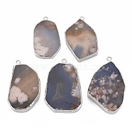 Natural Cherry Blossom Agate Pendants, with Light Gold Plated Iron Findings, Dyed & Heated, Nuggets, Tan, 46~57x29.5~35x6~7mm, Hole: 2mm(G-N326-125-02S)