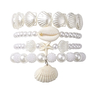 4Pcs 4 Style ABS Plastic Imitation Pearl Beaded Stretch Bracelets Set, Stackable Bracelets with Natural Shell Charms, Seashell Color, Inner Diameter: 2~2-1/8 inch(5.2~5.4cm), 1Pc/style(BJEW-JB10104)