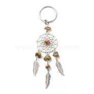 Natural Unakite Keychain, with Iron, 304 Stainless Steel & Alloy Findings, Woven Net/Web with Feather, 11.4~11.8cm(KEYC-JKC00346-03)