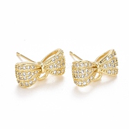 Rack Plating Brass Micro Pave Cubic Zirconia Earring Findings, with Loop, Cadmium Free & Lead Free, Long-Lasting Plated, Bowknot, Real 14K Gold Plated, 8x15x5mm, Hole: 1.7mm, Pin: 0.8mm(KK-C237-05G)