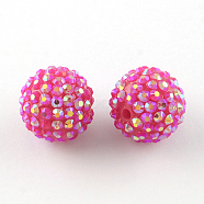 AB-Color Resin Rhinestone Beads, with Acrylic Round Beads Inside, for Bubblegum Jewelry, Magenta, 14mm, Hole: 2~2.5mm(X-RESI-S315-12x14-09)