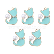Alloy Enamel Pendants, with ABS Plastic Imitation Pearls and Crystal Rhinestone, Light Gold, Cat Charm, Lead Free & Cadmium Free, Turquoise, 29.5x19.5x9mm, Hole: 1.8mm(ENAM-YW0002-59)