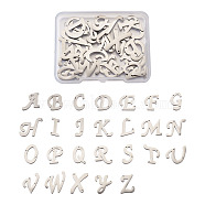 304 Stainless Steel Links, Initial Letter, Letter A~Z, Stainless Steel Color, 15~20x7~19x1.5mm, Hole: 0.9mm, 26 letters/set, 1set/box(STAS-TA0001-10P)