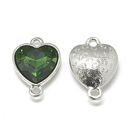 Alloy Glass Links connectors, Faceted, Heart, Platinum, Green, 19.5x14x6.5mm, Hole: 1.5mm(PALLOY-T043-12mm-20)