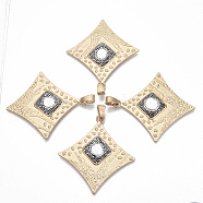 Alloy Rhinestone Big Pendants, with Shell Pearl Beads, Rhombus, Jet Hematite, Golden, 81~82x75x6~7mm, Hole: 12x5.5mm(X-ALRI-N033-05G)