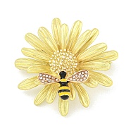 Alloy Crystal Rhinestone Flower with Bees Brooch, Insect Enamel Pins, Light Gold, 37.2x38mm(JEWB-U006-12LG)