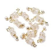 Natural Quartz Bamboo Stick Copper Wire Wrapped Pendant Decorations, Pearl Ornament with Brass Spring Ring Clasps, Real 14K Gold Plated, 38.5mm, Hole: 2.8mm(G-R489-32G)