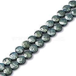 Electroplated Natural Lava Rock Beads Strands, Faceted, Flat Round, Green Plated, 10~10.5x4.5~5mm, Hole: 0.8~1mm, about 40pcs/strand, 16.14''(41cm)(G-A256-F01-01G)