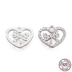 925 Sterling Silver Pendants, Heart with Bowknot Charms, for Valentine's Day, Silver, 10x12x1.4mm, Hole: 1.2mm(STER-C004-04S)