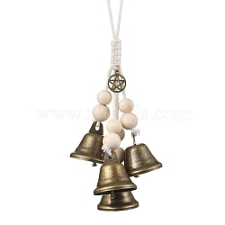 Iron Bell Wind Chimes, Witch Bells for Door Knob, Wood Beads & Alloy Charms and Cotton Cord Home Hanging Ornaments, Star, 250mm, bell: 36x38mm, flat round: 20.5x17x1.5mm(HJEW-JM01954-03)