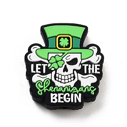 Saint Patrick's Day Food Grade Eco-Friendly Silicone Focal Beads, Skull with Word Let The Shenanigans Begin, DIY Nursing Necklaces Making, Lawn Green, 28x26x8mm, Hole: 2.5mm(SIL-K004-12)