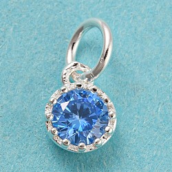 925 Sterling Silver Birthstone Charms, with Single Cubic Zirconia, Faceted Flat Round, Silver, Cornflower Blue, 7x5x2.5mm, Hole: 3mm(STER-G035-01D-03)