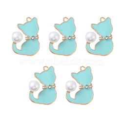 Alloy Enamel Pendants, with ABS Plastic Imitation Pearls and Crystal Rhinestone, Light Gold, Cat Charm, Lead Free & Cadmium Free, Turquoise, 29.5x19.5x9mm, Hole: 1.8mm(ENAM-YW0002-59)