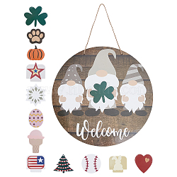 Natural Wood Door Hanging Decoration for Front Door Decoration, with Hemp Rope and Paper Picture Stickers, Flat Round with Bowknot & Word Welcome, Colorful, 42.5x28.8x0.4cm(HJEW-WH0008-99)