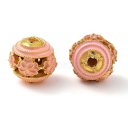 Alloy Enamel Beads, Round with Flower, Golden, Pink, 12x11mm, Hole: 2mm(ENAM-B001-08L-01)