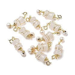 Natural Quartz Bamboo Stick Copper Wire Wrapped Pendant Decorations, Pearl Ornament with Brass Spring Ring Clasps, Real 14K Gold Plated, 38.5mm, Hole: 2.8mm(G-R489-32G)