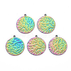 201 Stainless Steel Pendants, Textured, Flat Round, Rainbow Color, 22.5x20x1.5mm, Hole: 1.2~1.4mm(STAS-S119-057)