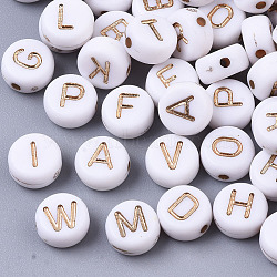 Plating Acrylic Beads, for Name Bracelets & Jewelry Making, Metal Enlaced, Horizontal Hole, Alphabet Style, Flat Round, Light Gold Plated, White, 7x4mm, Hole: 1.2~1.5mm, about 146pcs/20g(X-PACR-Q112-07C)