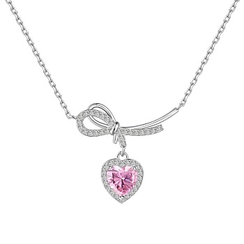 925 Sterling Silver Pendant Necklaces, Micro Pave Clear Cubic Zirconia, Heart, Real Platinum Plated, 15.79 inch(40.1cm)