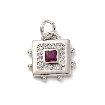 Brass Micro Pave Cubic Zirconia Pendants, Lead Free & Cadmium Free, Platinum, Square, Medium Violet Red, 13x12x2.5mm, Hole: 3mm