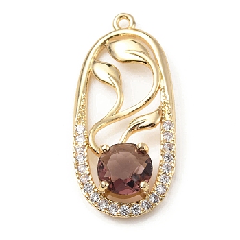 Brass with K9 Glass & Rhinestone Pendants, Light Gold, Oval with Leaf Charms, Burgundy, 34x15x5.3mm, Hole: 1.5mm