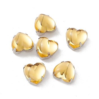 Heart Sew On Rhinestones, Smooth Face Taiwan Acrylic Rhinestone, Multi-Strand Links, with Platinum Tone Brass Prong Settings, Gold, 10x10x7mm, Hole: 1mm
