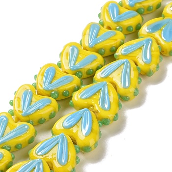 Heart Handmade Lampwork Beads Strands, Gold, 14~14.5x16.5~17x6.5~7mm, Hole: 1.5mm, about 30pcs/strand, 14.96~15.16 inch(38~38.5cm)