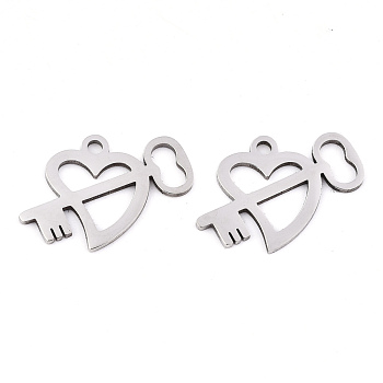 201 Stainless Steel Charms, Laser Cut, Heart with Key, Stainless Steel Color, 14.5x20x0.9mm, Hole: 1.6mm