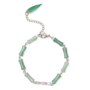 Natural Green Aventurine Bamboo Beaded Bracelet with Acrylic Leaf Charms, 7-3/8 inch(18.7cm)