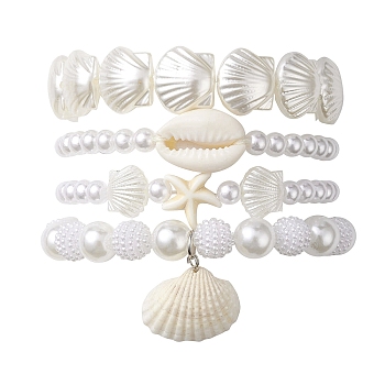 4Pcs 4 Style ABS Plastic Imitation Pearl Beaded Stretch Bracelets Set, Stackable Bracelets with Natural Shell Charms, Seashell Color, Inner Diameter: 2~2-1/8 inch(5.2~5.4cm), 1Pc/style